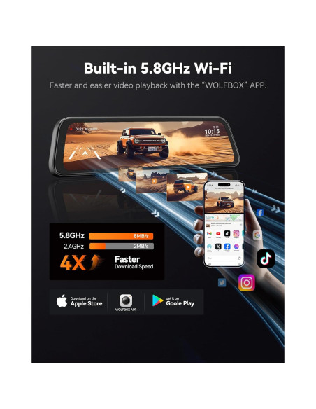 Cámara de Tablero Espejo WOLFBOX G840S 12" 4K con Cable de 10m