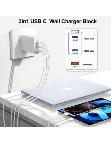 Cargador USB C 100W 3 Puertos GaN Rápido 2Pack para MacBook/iPhone