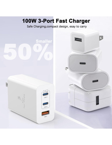 Cargador USB C 100W 3 Puertos GaN Rápido 2Pack para MacBook/iPhone