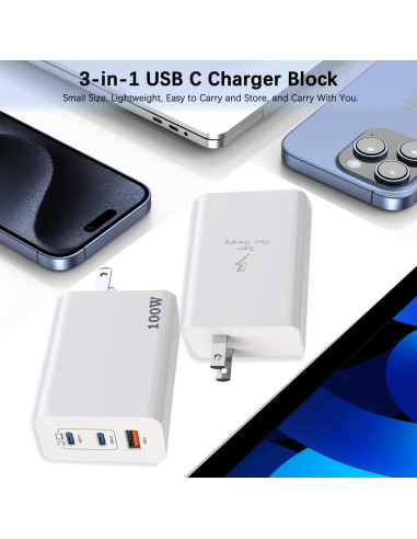 Cargador USB C 100W 3 Puertos GaN Rápido 2Pack para MacBook/iPhone