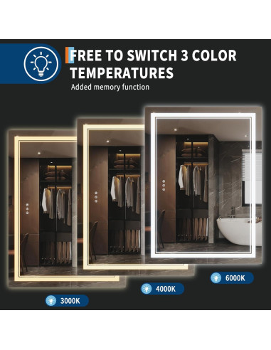 Espejo de Baño LED GarveeHome 101.6x81.3 cm Anti-Niebla