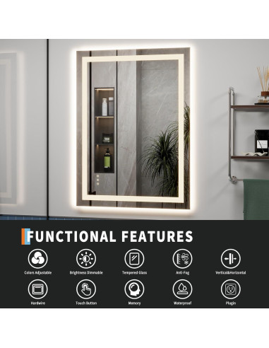 Espejo de Baño LED GarveeHome 101.6x81.3 cm Anti-Niebla