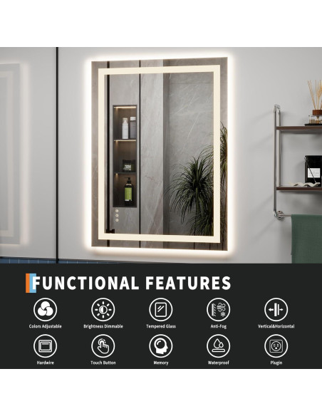 Espejo de Baño LED GarveeHome 101.6x81.3 cm Anti-Niebla