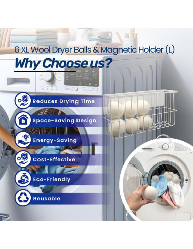 6 Bolas de Secadora de Lana XL con Soporte Magnético ENUKYCOM