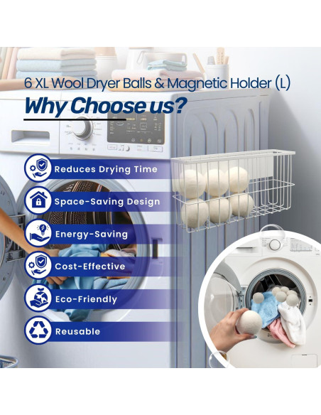 6 Bolas de Secadora de Lana XL con Soporte Magnético ENUKYCOM
