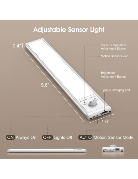 Luces Bajo Gabinete Chasesun 24.4cm LED Inalámbricas USB-C 5 Pzas