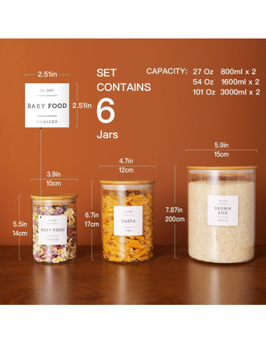 Juego de 6 tarros de vidrio CZZGSM con tapas de bambú y 132 etiquetas