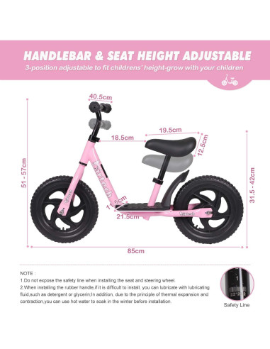 Bicicleta de Equilibrio Birtech Rosa 12 Pulgadas Ajustable