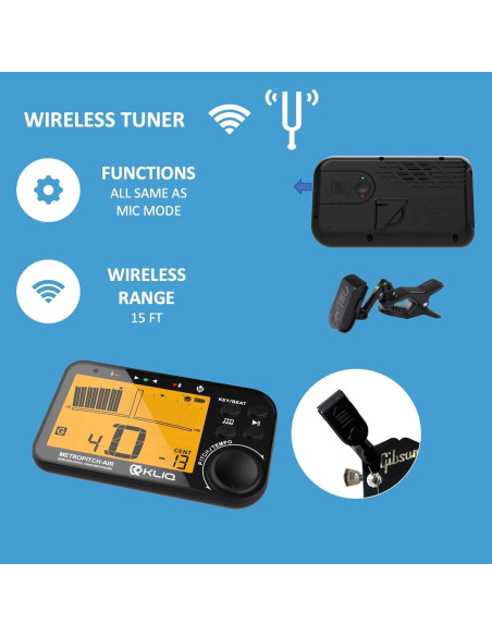 Afinador Metrónomo KLIQ MetroPitch-Air Negro - Para Guitarra, Bajo, Violín, Ukelele