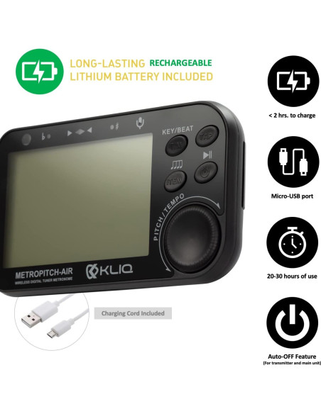 Afinador Metrónomo KLIQ MetroPitch-Air Negro - Para Guitarra, Bajo, Violín, Ukelele