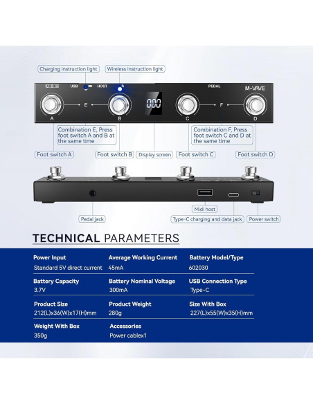 Controlador de Pedal MIDI Inalámbrico Chocolate Plus 4 Botones