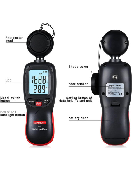 Medidor de Luz Digital Wintact WT81 con Termómetro - 200,000 Lux