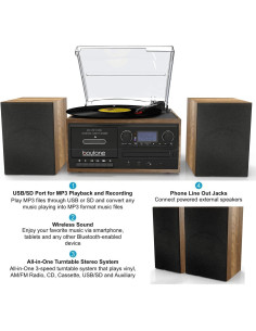Reproductor de Vinilo Boytone BT-58W Bluetooth con Radio AM/FM 2
