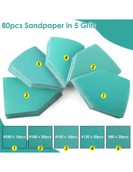 80 Hojas Papel de Lija Triangular 80-240 Grano + 2 Almohadillas