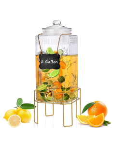 Dispensador de Bebidas de Vidrio FUREEY 2 Galones con Soporte Dorado