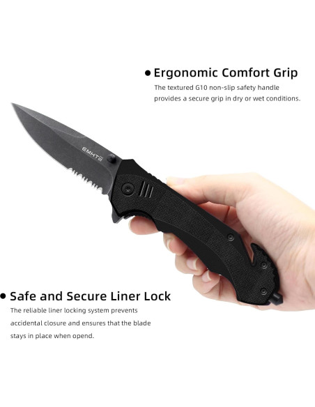 Cuchillo de bolsillo EMHTiii plegable 9 cm con rompevidrios