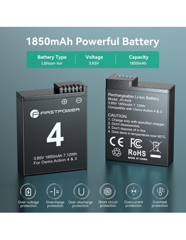 Batería de Reemplazo FirstPower 1850mAh para DJI Osmo Action 4/3 - Cargador Doble