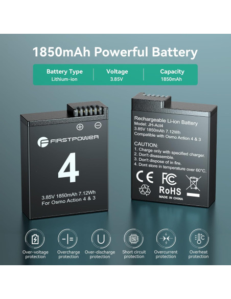 Batería de Reemplazo FirstPower 1850mAh para DJI Osmo Action 4/3 - Cargador Doble