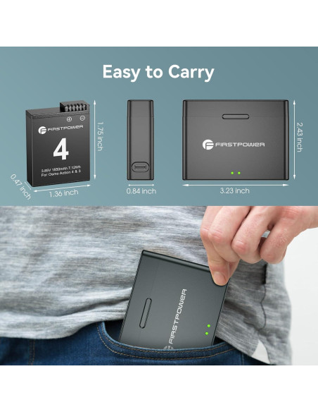 Batería de Reemplazo FirstPower 1850mAh para DJI Osmo Action 4/3 - Cargador Doble