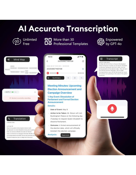Grabadora de Voz AI Tophorse NOTE-1, 64GB, Transcripción en 101 Idiomas