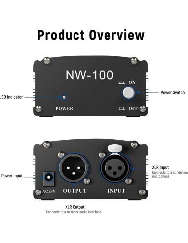 Fuente de Alimentación Phantom Neewer 48V con Cable XLR 2.44m