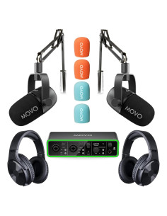Paquete de Podcasting Movo - Interfaz USB Phantom, 2 Micrófonos XLR, Soportes y Auriculares
