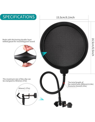 Filtro Antipop Profesional con Clip Flexible para Micrófono