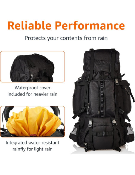 Mochila de Senderismo Amazon Basics 75L con Cubierta de Lluvia