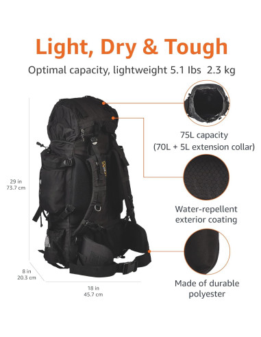 Mochila de Senderismo Amazon Basics 75L con Cubierta de Lluvia