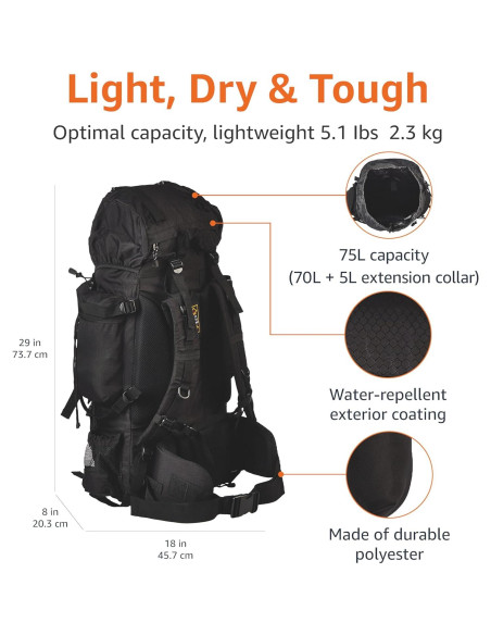 Mochila de Senderismo Amazon Basics 75L con Cubierta de Lluvia