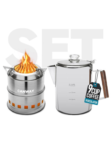 Cafetera Percoladora y Estufa de Camping CANWAY 9 Tazas Acero Inoxidable