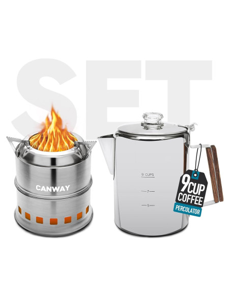 Cafetera Percoladora y Estufa de Camping CANWAY 9 Tazas Acero Inoxidable