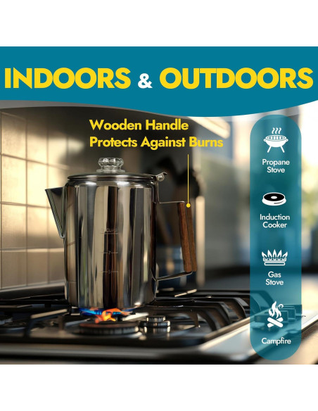 Cafetera Percoladora y Estufa de Camping CANWAY 9 Tazas Acero Inoxidable
