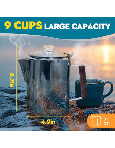 Cafetera Percoladora y Estufa de Camping CANWAY 9 Tazas Acero Inoxidable