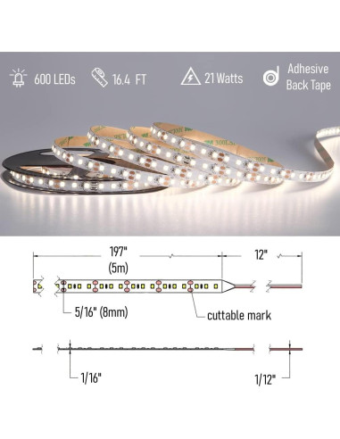 Tira de Luz LED Flexible Obeaming 5m 600 LEDs 2000 Lúmenes 3000K