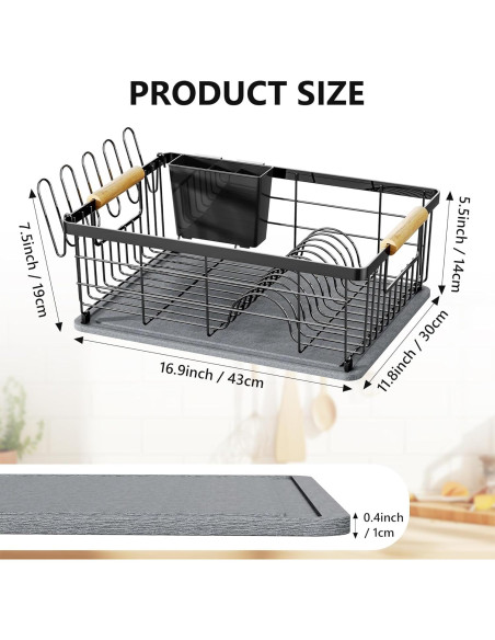 Escurridor de Platos Negro IBEDMAZIE 1 Nivel con Tierra Diatomácea