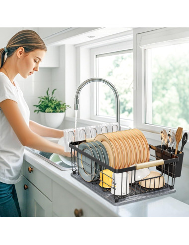 Escurridor de Platos Negro IBEDMAZIE 1 Nivel con Tierra Diatomácea