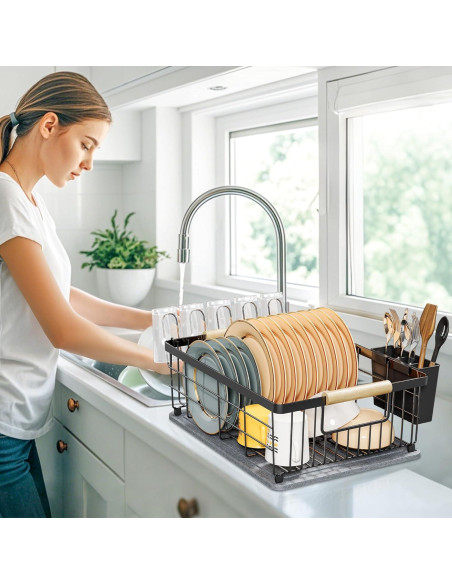 Escurridor de Platos Negro IBEDMAZIE 1 Nivel con Tierra Diatomácea