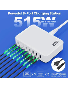Cargador USB C 515W GaN IV 8 Puertos Doble PD 100W 2