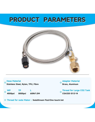 Adaptador CO2 GURUDAR con Manómetro y Manguera 152cm