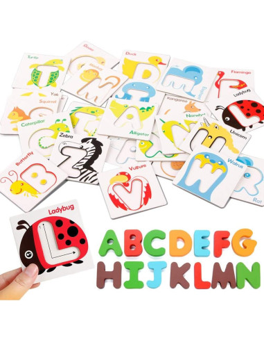 Juego de Tarjetas de Letras y Animales de Madera Vankcp