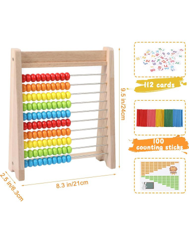 Ábaco de Madera GSERIN 10 Filas con Palitos y Tarjetas 1-100