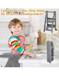 Taburete de Cocina Plegable FUNLIO Gris, Altura Ajustable 3 Niveles 2