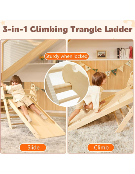 Juego de Triángulo Pikler KIDHABE 3 en 1 con Resbaladilla y Rampa Juego de Triángulo Pikler KIDHABE 3 en 1 con Resbaladilla y Rampa