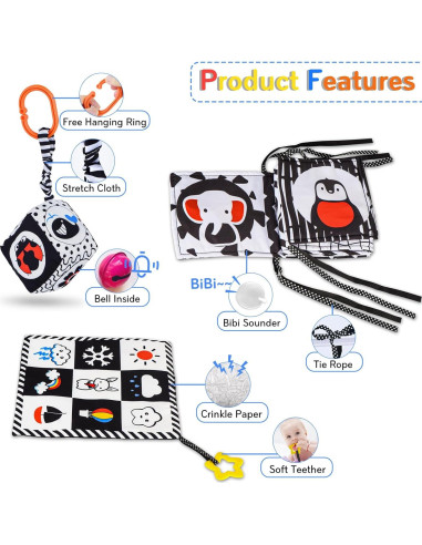 Juguetes Sensoriales para Bebés SAMMAS 3 Pcs Blanco y Negro
