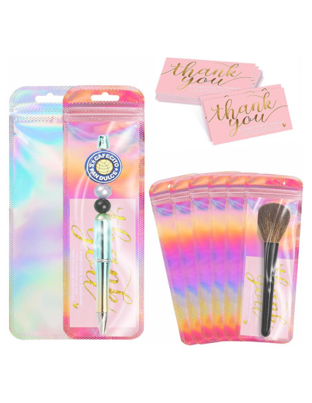 200 Pcs Bolsas Holográficas Reutilizables + Tarjetas Agradecimiento