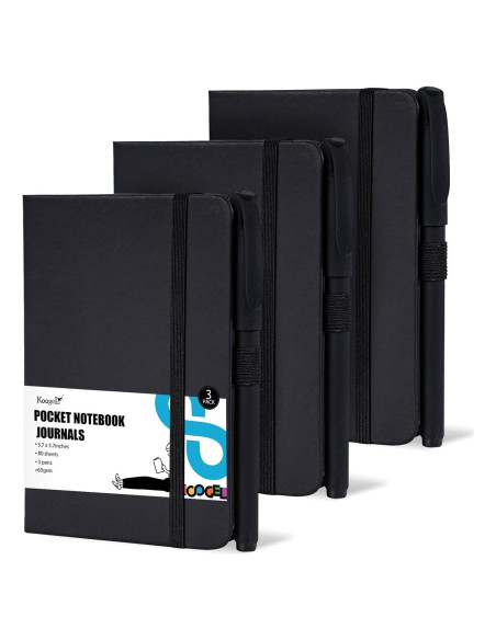 Cuadernos de bolsillo Koogel, 3 paquetes, 160 páginas, negro