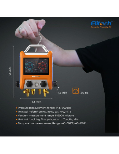 Manómetro Digital Elitech EMG-40Vpro con Medidor de Vacío y Pinzas