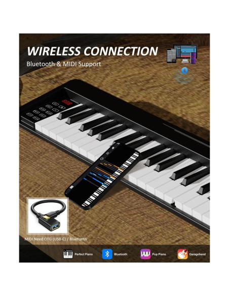 Piano Teclado Plegable 61 Teclas Bora FD-61K Bluetooth Negro