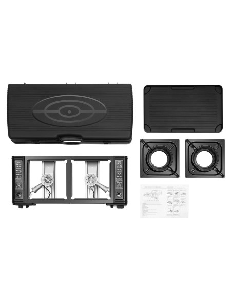 Estufa de Camping Portátil 2 Quemadores Butano con Bandeja Asar